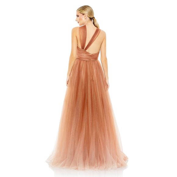 Mac Duggal Tulle Glitter-Flecked Halter Neck Maxi Ball Gown Brown Size 10 - Picture 2 of 7